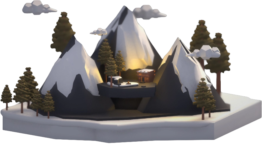 3D mountain cabin scene representing immersive 360 marketing and creative branding