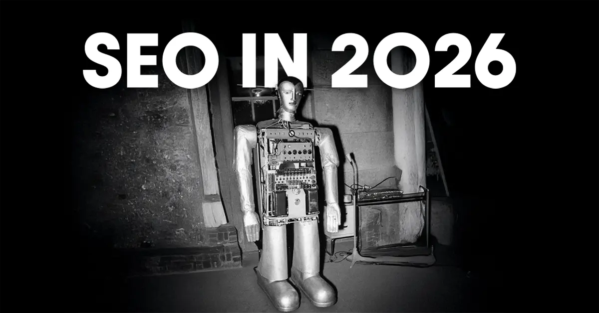 Robot standing upright in room representing SEO in 2026