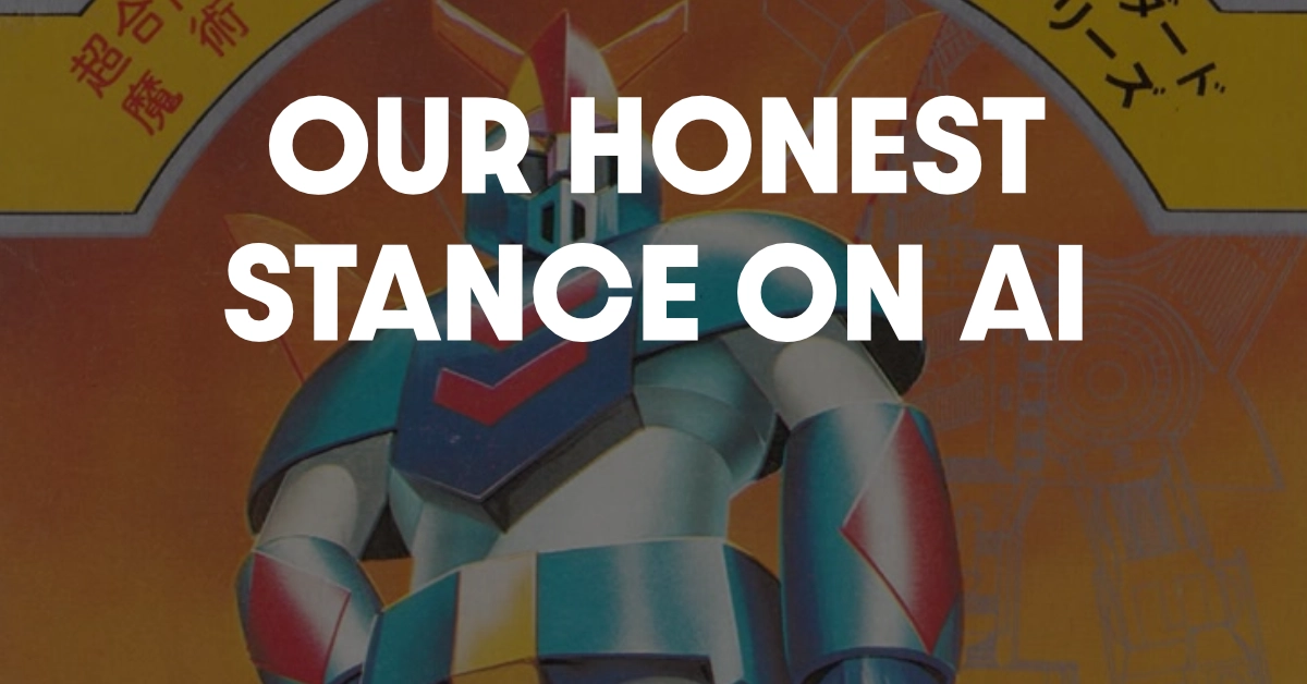 Ai in marketing concept with retro robot illustration and bold text saying our honest stance on AI
